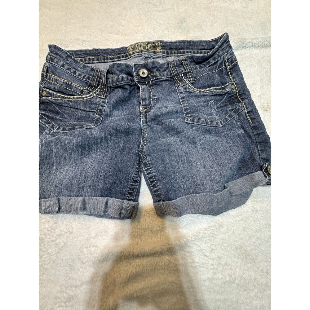 TRUCE Rolled Up Stretch Blue Denim Jean Shorts‎ Women's Size 17 EUC Medium Wash